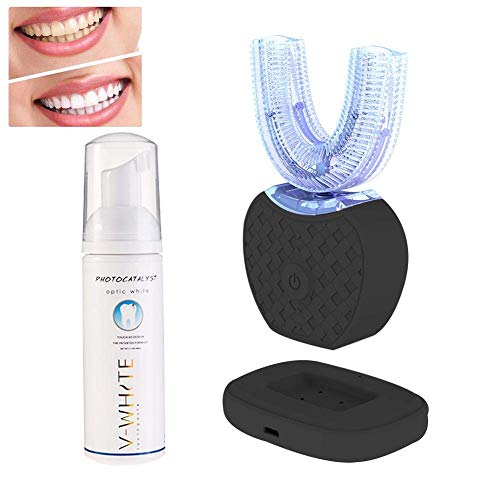 Dientes de luz fría blanqueamiento 360 ° automático en forma de U oral limpiador blanqueamiento cepillo de dientes-3 modos opcionales, pasta de dientes de cortesía y gel blanqueador,Black