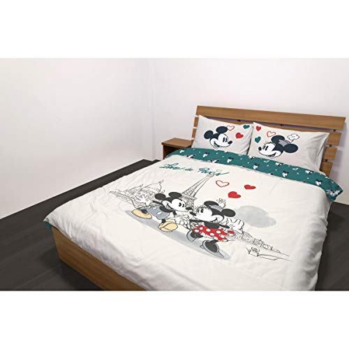 Disney – Juego de Cama de 200 x 200 cm, diseño de Mickey & Minnie – Love in Paris + 2 Fundas de Almohada de 63 x 63 cm, 100% algodón de 54 Hilos, edición Limitada