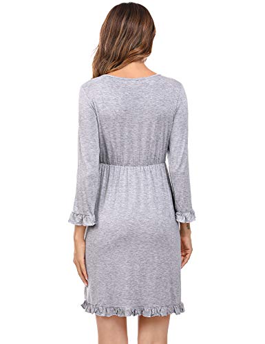 Doaraha Camisón Lactancia para Mujer Vestido Premamá con Volantes Pijama de Maternidad Camisones de Algodón de Manga 3/4 Ropa de Dormir con Cuello en V (Gris, L)