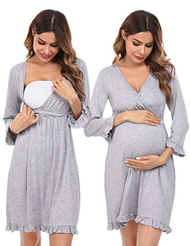 Doaraha Camisón Lactancia para Mujer Vestido Premamá con Volantes Pijama de Maternidad Camisones de Algodón de Manga 3/4 Ropa de Dormir con Cuello en V (Gris, L)