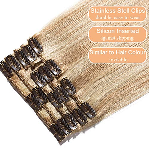 Elailite Extensiones de Cabello Natural Clip Pelo Humano Remy Human Hair Mujer - 20 cm #18P613 Ash Rubio Mecha Rubio Muy Claro -[Delgada]