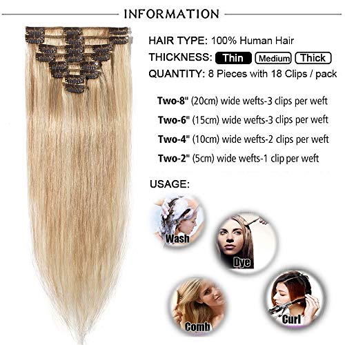 Elailite Extensiones de Cabello Natural Clip Pelo Humano Remy Human Hair Mujer - 20 cm #18P613 Ash Rubio Mecha Rubio Muy Claro -[Delgada]