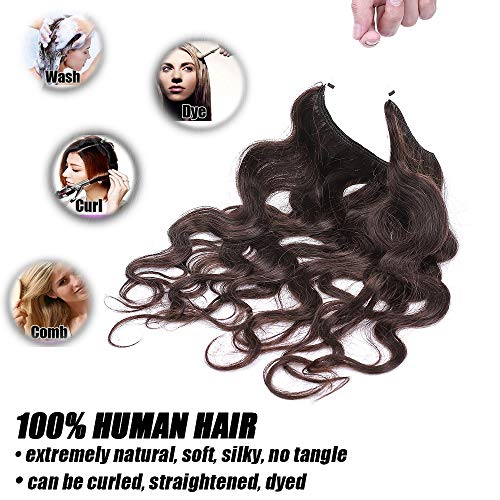 Elailite Hilo Invisible Pelo Humano Extensiones Cabello Naturel Ondulada Mecha - 40 CM #02 Castaño Oscuro - [Un Hilo - Una Banda] 100% Human Hair