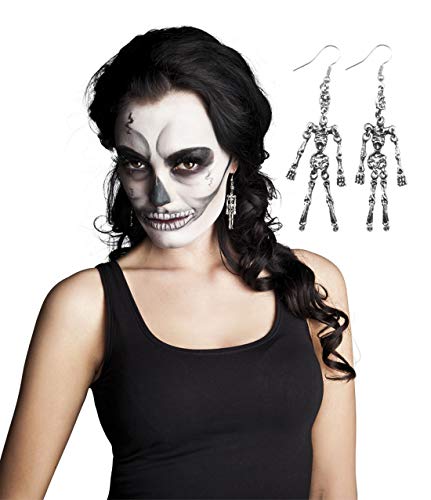 erdbeerclown – Disfraz Accesorios Accesorios Pendientes Esqueleto con Calavera, Earrings Skeleton with Skull, Halloween Carnaval y, Plata