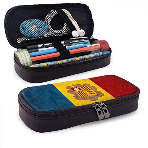 Estuche de lápices de cuero de gran capacidad de la bandera de Andorra, organizador de papelería de bolígrafo grande Organizador de caja de bolsa de almacenamiento grande