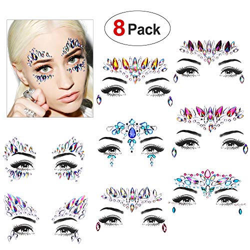 Face Gem Stickers, Howaf 8 piezas Etiqueta engomada de diamantes de imitación Cara Joyas Pegatinas cara cristal Tatuajes Temporales falso para Bindi Cuerpo Maquillaje Festival Fiesta