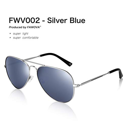 fawova Gafas de Sol Aviador Hombre Polarizadas con Espejo Azul Grisáceo, 2020 Gafas Aviador Polarizado Con Montura Metal para Plateado,Conducir, Pescar, Golf, Correr UV400, Cat.3,58mm