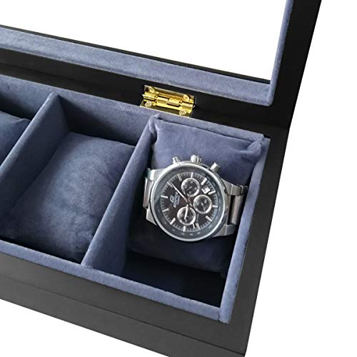 Feibrand Caja de Organizador de Caja de Reloj de Madera Maciza de 5 Compartimentos con Tapa de Cristal para Relojes Joyas, Negro