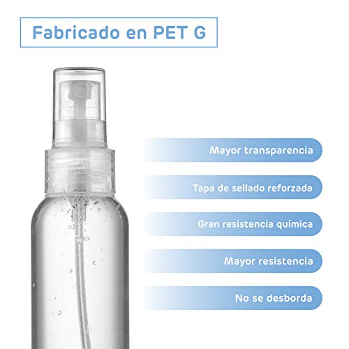 Frascos plastico para Gel Pack de 4 Botes vacios de Viaje de 100 ml con Spray pulverizador para Agua, Perfume, Gel + 30 toallitas de Mano 60 x 80 Higienizantes 70% de Alcohol