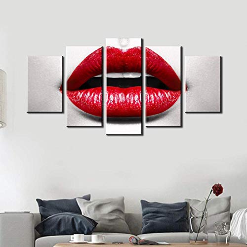 FYZKAY Cuadro en Lienzo 5 Partes Labios Sexy Rojos Impresiones de Lienzo Carteles de Moda de Mujer Hermosa Imagen Impresa en Lienzo Decoración Moderna de la Pared del hogar Sin Marco