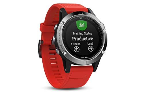 Garmin Fenix 5 - Reloj multideporte, con GPS y medidor de frecuencia cardiaca, lente de cristal y bisel de acero inoxidable, 47 mm, con 2 correas Negra y Roja