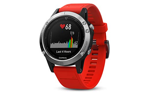 Garmin Fenix 5 - Reloj multideporte, con GPS y medidor de frecuencia cardiaca, lente de cristal y bisel de acero inoxidable, 47 mm, con 2 correas Negra y Roja