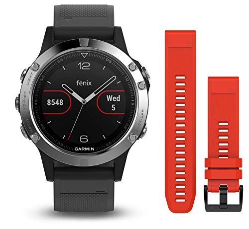 Garmin Fenix 5 - Reloj multideporte, con GPS y medidor de frecuencia cardiaca, lente de cristal y bisel de acero inoxidable, 47 mm, con 2 correas Negra y Roja