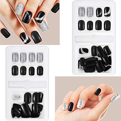 GejoyJuego de 60 uñas postizas, 12 tamaños, 2 cajas, cobertura completa, incluye palillo, para decoración de uñas, manicura, , ,  Negro, Plateado,, ]