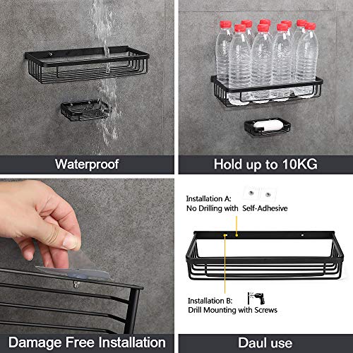 Gricol Estante de Ducha Sin Taladrar en Aluminio Aeronautico Rectangular Estanteria Baño Autoadhesivas Antioxidantes con Jabonera Organizador de Esponja para Baño Cocina (Negro)