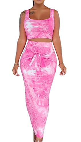 GRMO Women's Sleeveless Square Collar Tie Dye Summer Crop Top Mini Bodycon Skirt Rose Red US XS