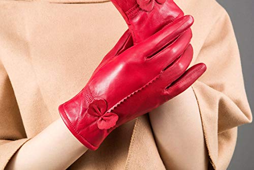 Guantes de piel de oveja roja para mujer, guantes de otoño e invierno, resistentes al viento