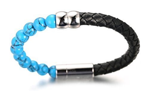 Halukakah ● Saluda La Tierra ● Pulsera Hombre Cuero Genuina con Cuentas Azul Turquesa, Ingenioso Cierre Magnético, 8.46"(21.5cm) con CajaDeRegaloGRATIS