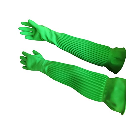 Hangnuo - Guantes de goma hasta el codo, impermeables, reutilizables - Para cocina, jardín, limpieza - 1 par de 58 cm verdes y naranjas, Verde, Large