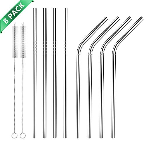 Hianjoo Pajitas de Acero Inoxidable, 8 Packs Pajas de Beber de Metal Ecológicas Reutilizables para Milkshake Zalamero Cócteles Whisky Bebidas Calientes, 2 Cleaning Brush, Plata