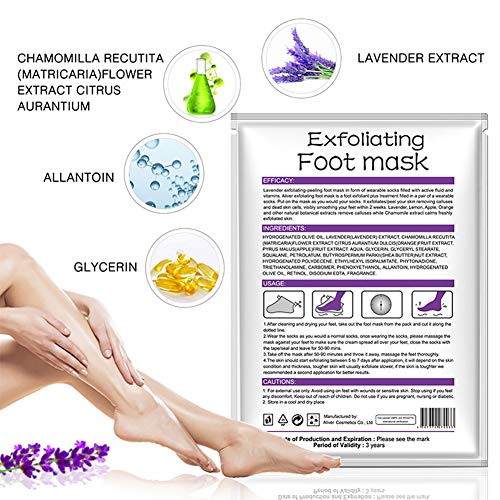 Hilai 2 pares Exfoliante Pies Peeling Pies Foot Mask Mascarilla de Pie Quita Cutículas Callos y Piel Muerta Calcetín Exfoliante de Pies Suaves(Lavanda)