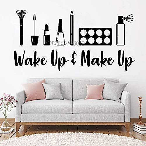 HNXDP Despertar y maquillar cita pegatinas de pared calcomanía pared vinilo arte diseño cejas maquillaje herramientas murales belleza estudio decoración 82cmX42cm