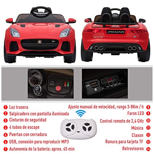 HOMCOM Coche Eléctrico Infantil Coche Juguete Jaguar F-Type SVR Niño de 3 a 6 Años con Mando a Distancia con Música y Luces Doble Apertura de Puerta Batería 6V Carga 25kg 110x65x48cm Rojo