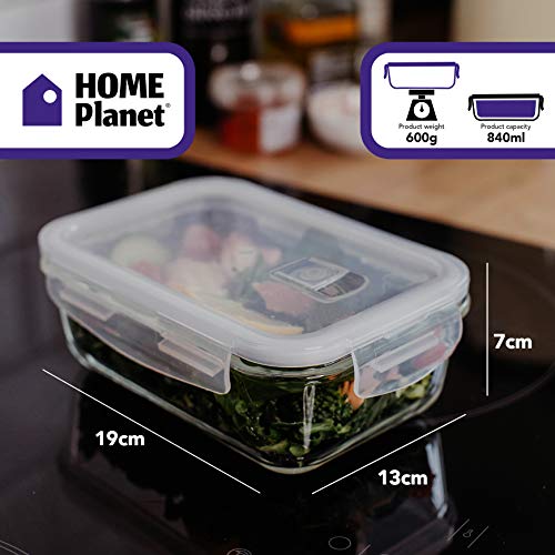 Home Planet Recipientes de Cristal para Alimentos | 840ml X 5 | 97% Embalaje de plástico eliminado | Cristal Hermetico | Fiambreras de Cristal con Tapa | Envases de Cristal para Alimentos