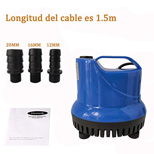 Homvik Bomba de Agua Sumergible 1800L/H 25W con 3 Boquillas Bomba de Agua para Fuente Acuario Estanque Pecera Ultra Silencioso Circulación de Agua Dulce y Marino 2m de Altura - Azul