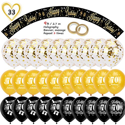 HOWAF 70th Birthday Decoration Kit, Include 9ft/2.7m Happy Birthday Foil Holographic Banner and 70th Birthday Balloons for Women Men 70th Birthday Party Decoration Supplies, Black Gold (Age 70)