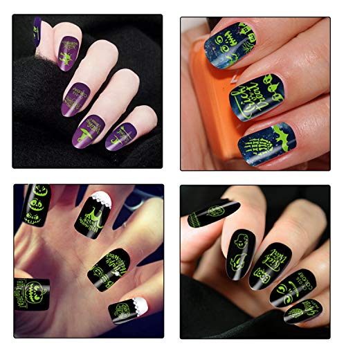 HOWAF Halloween 3D Nail Art Stickers Calcomanías,600+ Brillan en la Oscuridad Halloween Uñas Pegatinas Autoadhesiva Manicura Decorativas para Niñas Halloween Maquillaje Disfraz Artículos Decoración