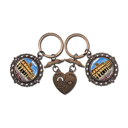 Hqiyaols Keychain Plaza Mayor de España Salamanca Pareja Llavero Día de San Valentín Llavero Adornos Recuerdo Coleccionable Cristal redondo Bronce Metal 2pcs / Set