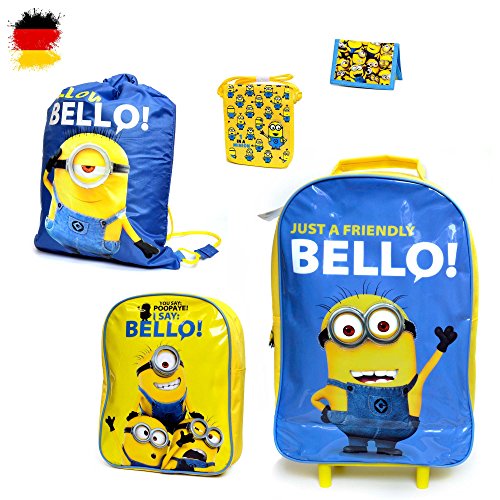 HSP Himoto Juego de 5 piezas de bolsa de viaje de Minions compuesto de ruedas de viaje, mochila, bolsa, bolso y cartera, en diseño original, nuevo