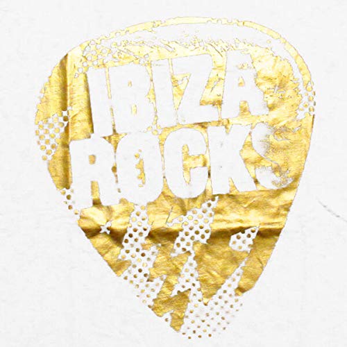 Ibiza Rocks Men's T Shirt Gold Metallic Logo Plectrum White Hotel Pool Party tee