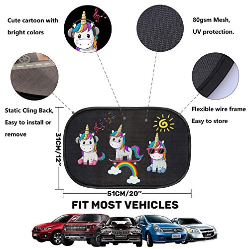 iZoeL - Parasol para coche de bebé, 2 unidades, diseño de elefante y unicornio, 80 g/m², 8 ventosas, protección universal contra los rayos UV