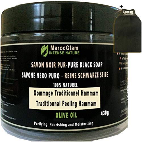 Jabón negro exfoliante 430 g + guante exfoliante de Kessa, aceite de oliva 100% natural, champán y spa, aceite de oliva puro 100% tradicional, Maroc Glam