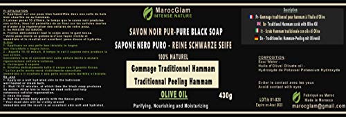 Jabón negro exfoliante 430 g + guante exfoliante de Kessa, aceite de oliva 100% natural, champán y spa, aceite de oliva puro 100% tradicional, Maroc Glam