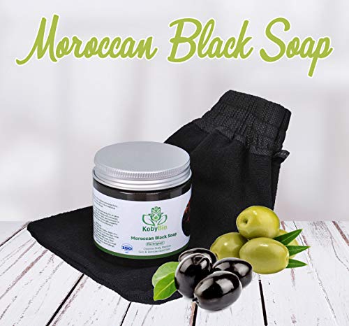 Jabón negro marroquí con guante exfoliante Kessa para limpiar y suavizar el hammam.