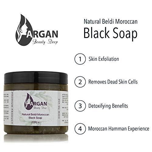 Jabón negro marroquí exfoliante natural 200 g, fantástico para Hamman/limpieza, jabón Beldi natural para exfoliar y eliminar las células muertas, para todo tipo de pie