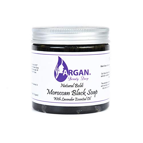 Jabón negro marroquí exfoliante natural/fantástico para Hamman/Jabón natural limpiador Beldi con aceite esencial de lavanda para exfoliar y eliminar las células muertas / 200G