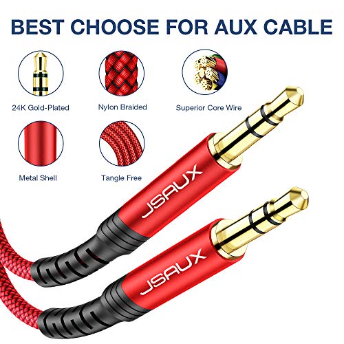 JSAUX Cable Jack 3.5mm Macho Macho [2PC,1.2M] Duradero Cable Audio Jack 3.5mm de Nylon Trenzado Premium Cable Aux Auxiliar para Auriculares, iPod, iPhone, iPad, Audio de Coche, Smartphones, MP3-Rojo