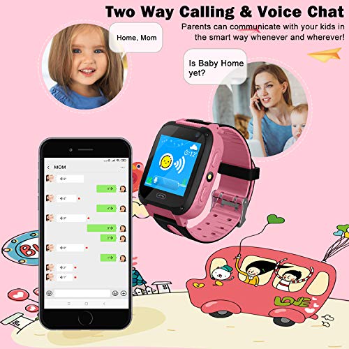 Jslai Niños Smartwatch Relojes,LBS Tracker Inteligente Relojes Telefono de SOS Alarma Cámara móvil Mejor Regalo para niños de 3-12 años niños Regalo de cumpleaños (Rosa)