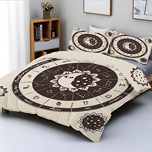 Juego de funda nórdica, círculo de signos del zodiaco con diseño floral de sol y luna Astrología antigua Juego de cama decorativo de 3 piezas con 2 fundas de almohada, crema marrón oscuro, el mejor re