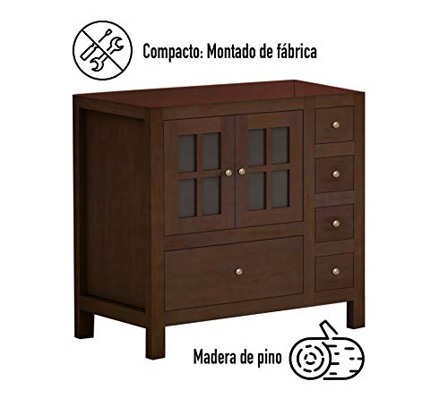 Juego de Mueble de Baño Modelo GRAZALEMA, Conjunto formado por Mueble de Baño Estilo Rústico Color Madera Nogal, Lavabo de Porcelana y Espejo a Juego. Espejo con marco. Ancho 80 cm