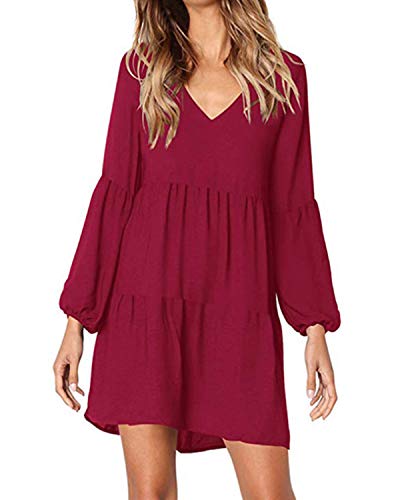 kenoce - Vestido de mujer de manga larga con cuello en V, manga corta A-wine Red S