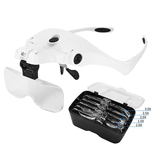 KKmoon Lupa de Tipo anteojos 5 Lentes 1.0X-3.5X Ajustable Soporte con 2 Luces LED y Gafas de Carga USB Herramienta de Aumento Lentes de LED Recargables