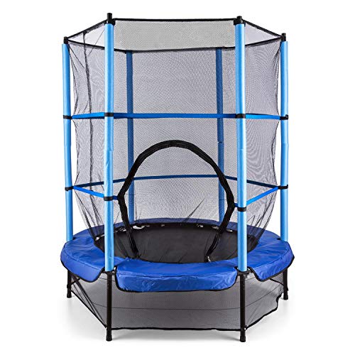 Klarfit Rocketkid Blue Edition - Cama eslástica, Cama elástica Infantil, A Partir de 3 años, 140 cm, Red de Seguridad, Suspensión de Cuerda elástica, Carga máx. 50 kg, Borde Acolchado, Azul