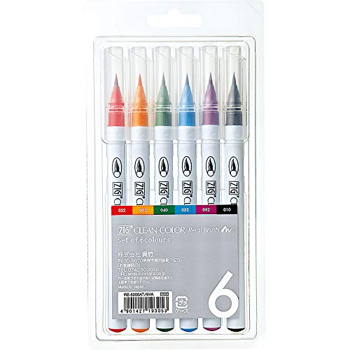 Kuretake Clean Color Real Brush Pen - 6 Color Set (japan import)