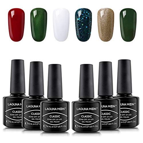 Lagunamoon Esmaltes Semipermanentes en Gel UV LED, Selección de 6 Colores para la Navidad, Esmalte de Uñas Soak off 8ML - Árbol de Navidad