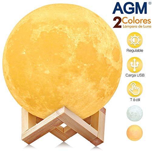 Lámpara Luna, AGM 3D 15cm Luz de Luna LED Conexión USB con 2 Colores Blanco + Amarillo Control Táctil, Lámpara de Noche Nocturna Ambiente para Regalo de Fiesta Decoración